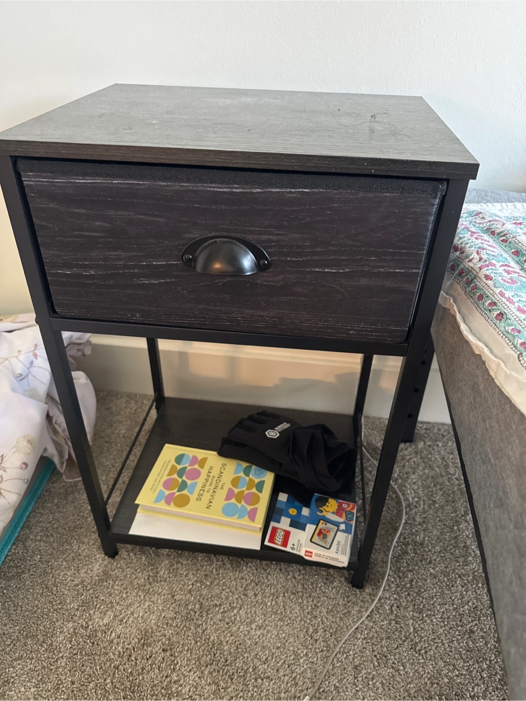 Dark Wood Nightstand with Drawer and Shelf