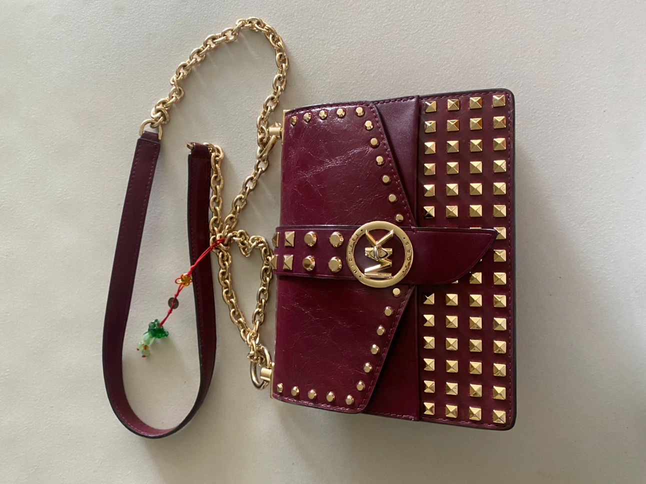 Michael Kors Studded Burgundy Wallet Clutch with Gold Chain