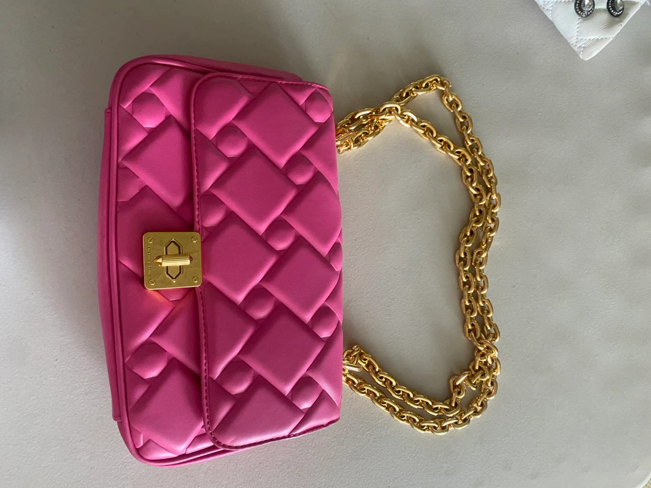 Pink Quilted Handbag with Gold Chain