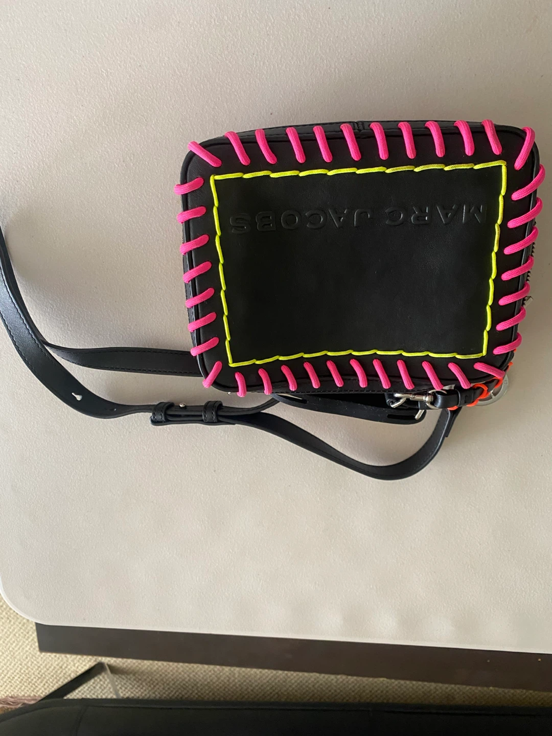 Marc Jacobs Black Camera Bag with Pink and Yellow Stitching
