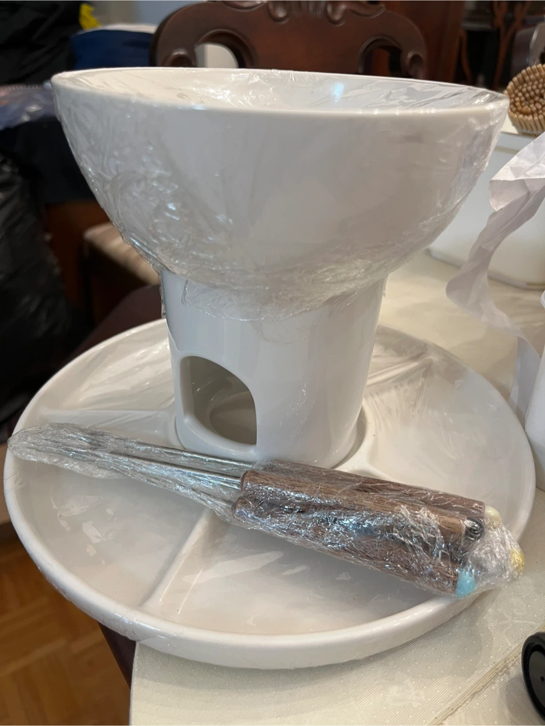 White Ceramic Fondue Set with Forks