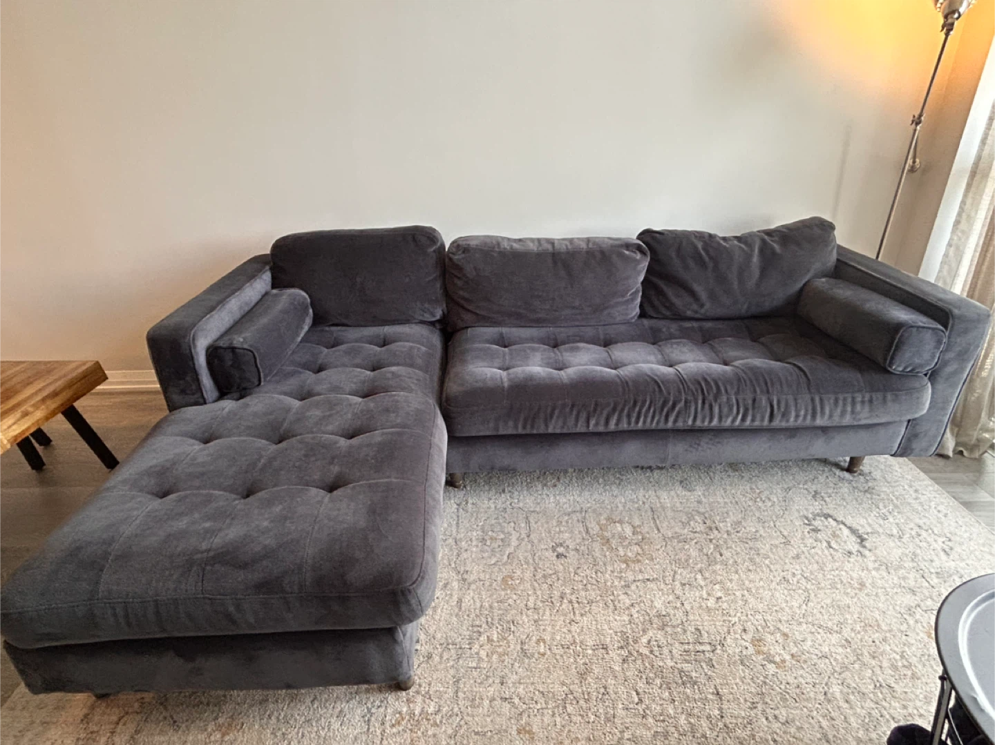 Beautiful Blue/Grey Velvet Tufted Sectional Sofa with Chaise - photo 2