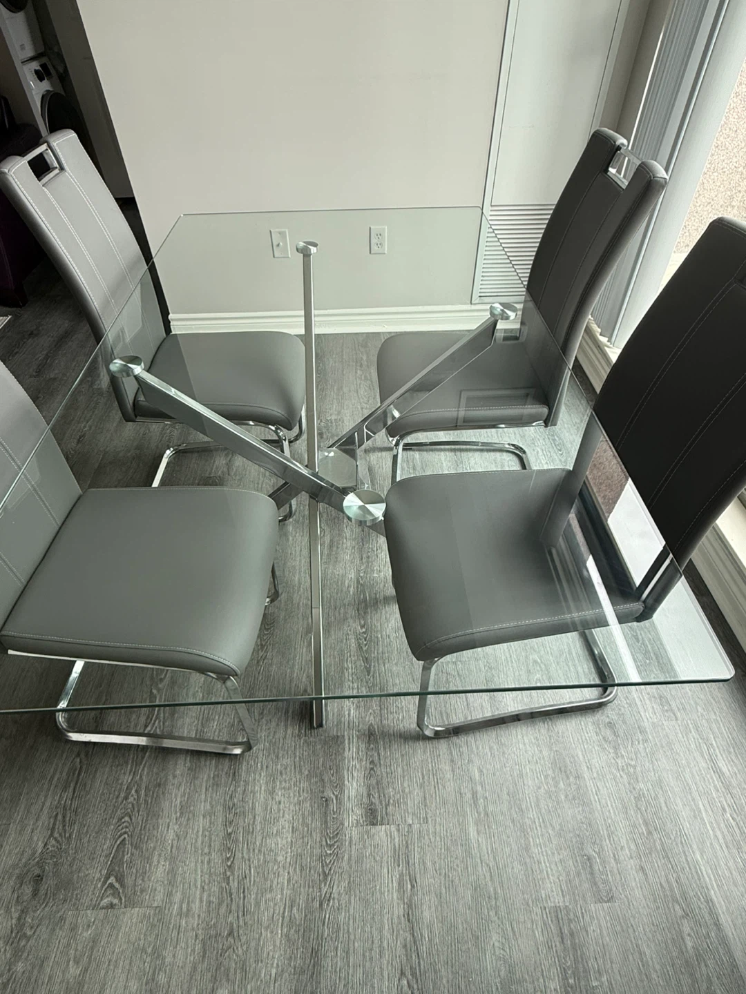 Glass Dining Table + 4 Chairs (Chrome/X-Base)