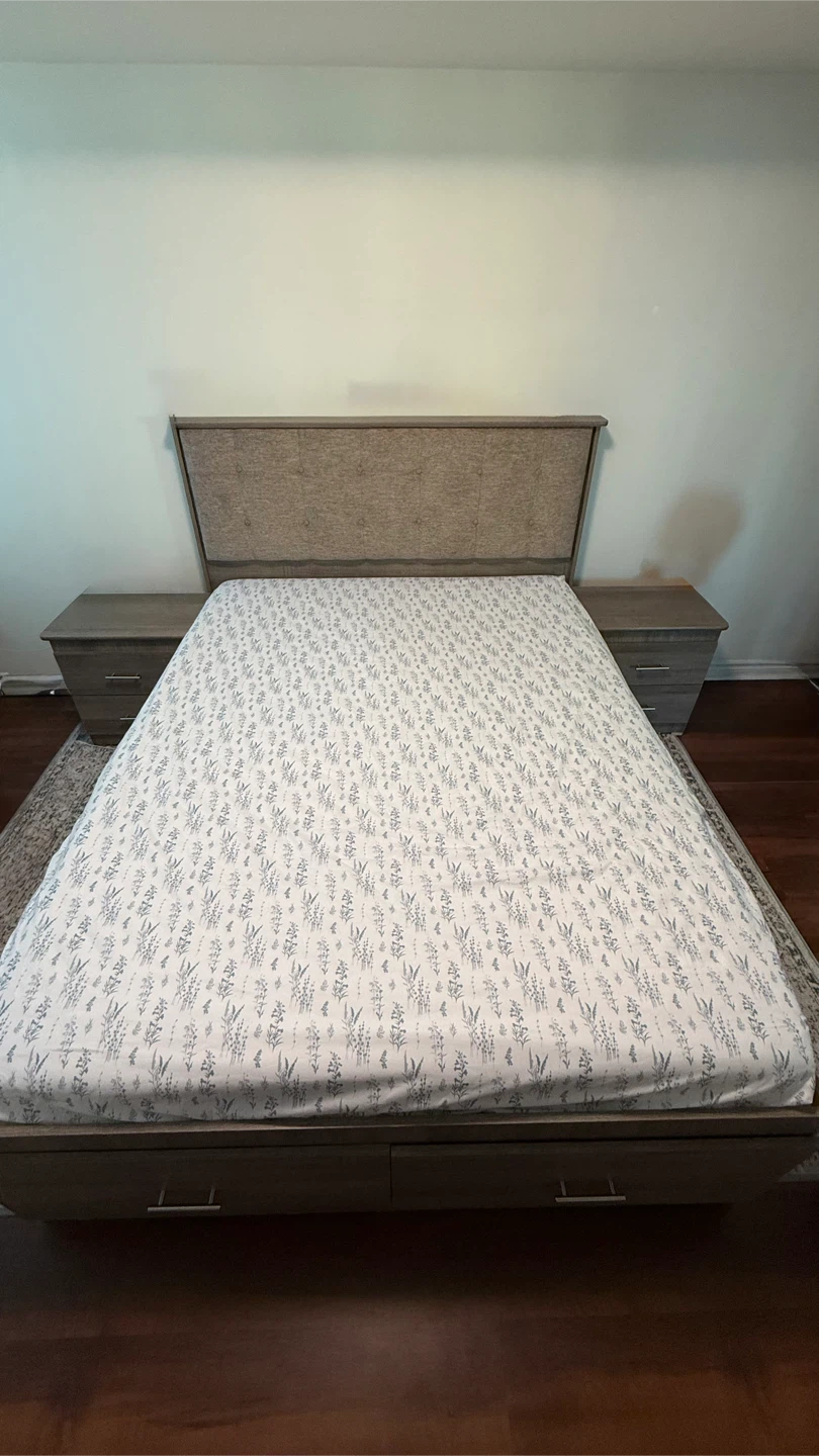 Queen Storage Bed + Headboard, Nightstands & Mattresses