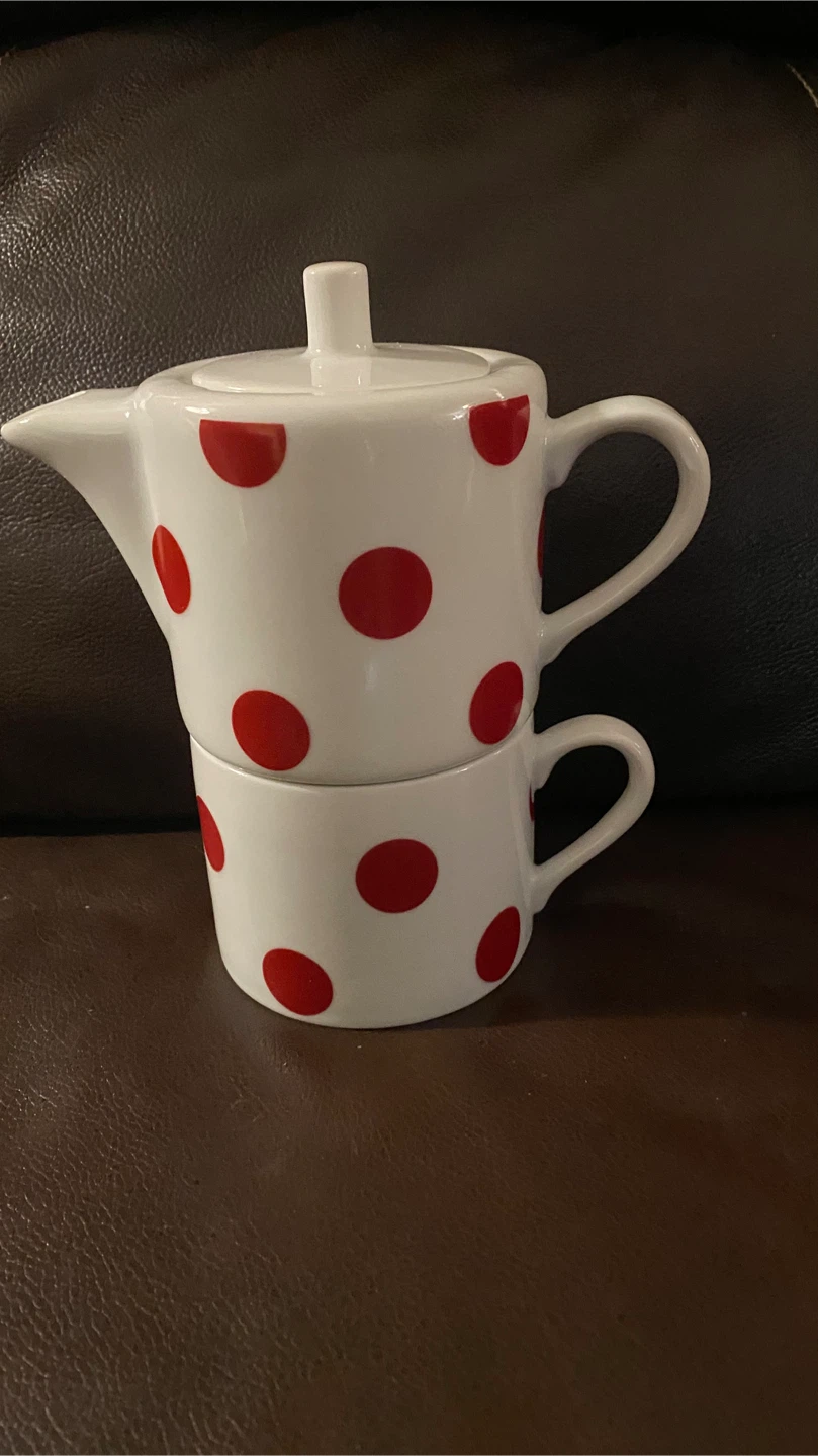 White Ceramic Teapot and Mug Set with Red Polka Dots
