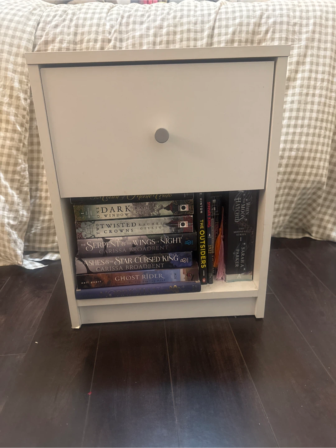 White Nightstand with Drawer and open storage.