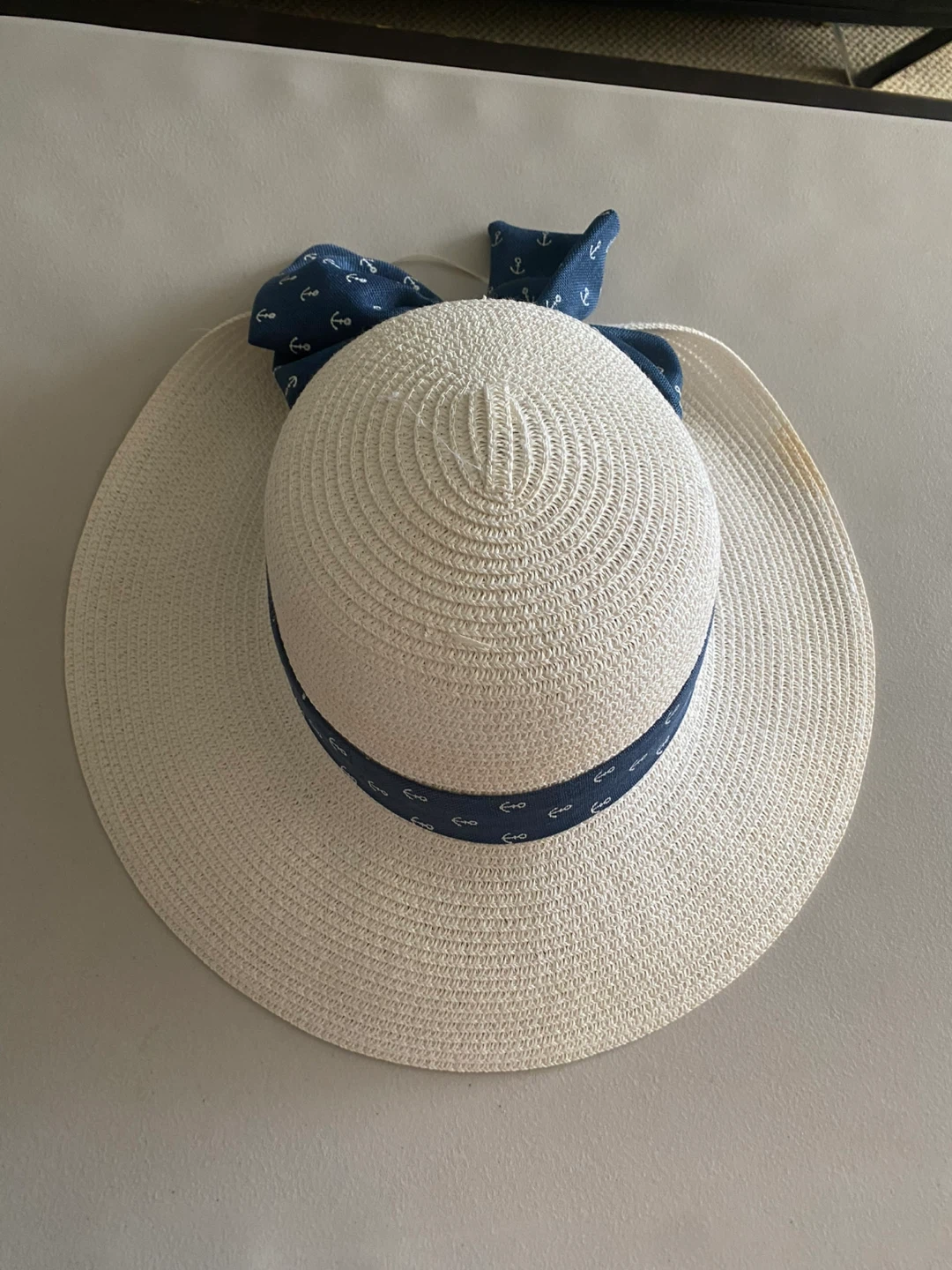 White Straw Hat with Blue Anchor Ribbon