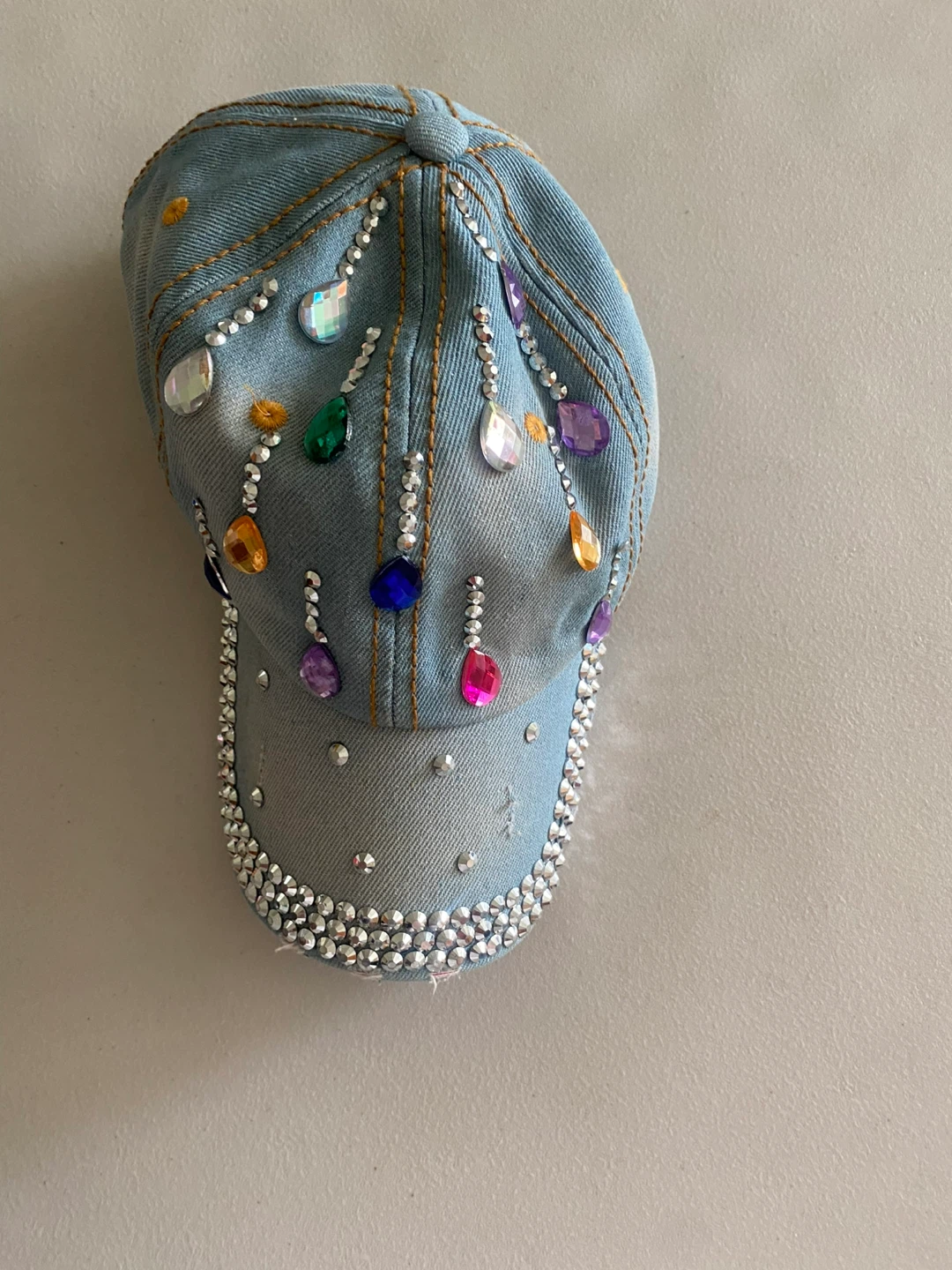 Denim baseball cap with rhinestones and jewels