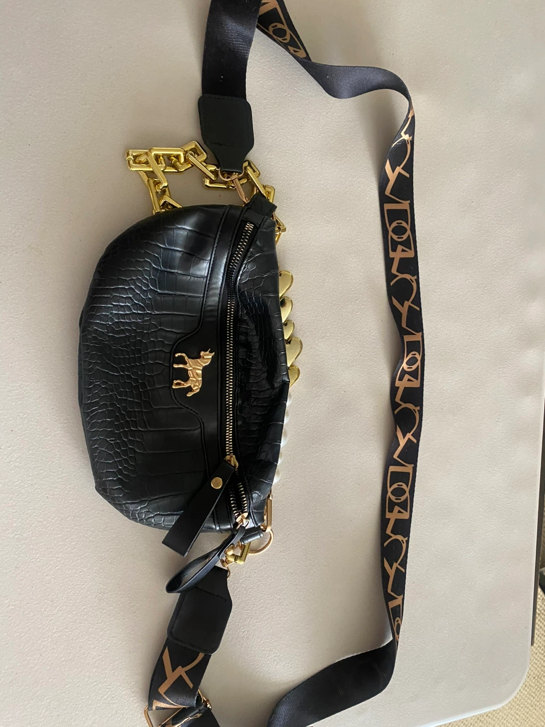 Black Faux Croc Fanny Pack with Gold Chain Strap