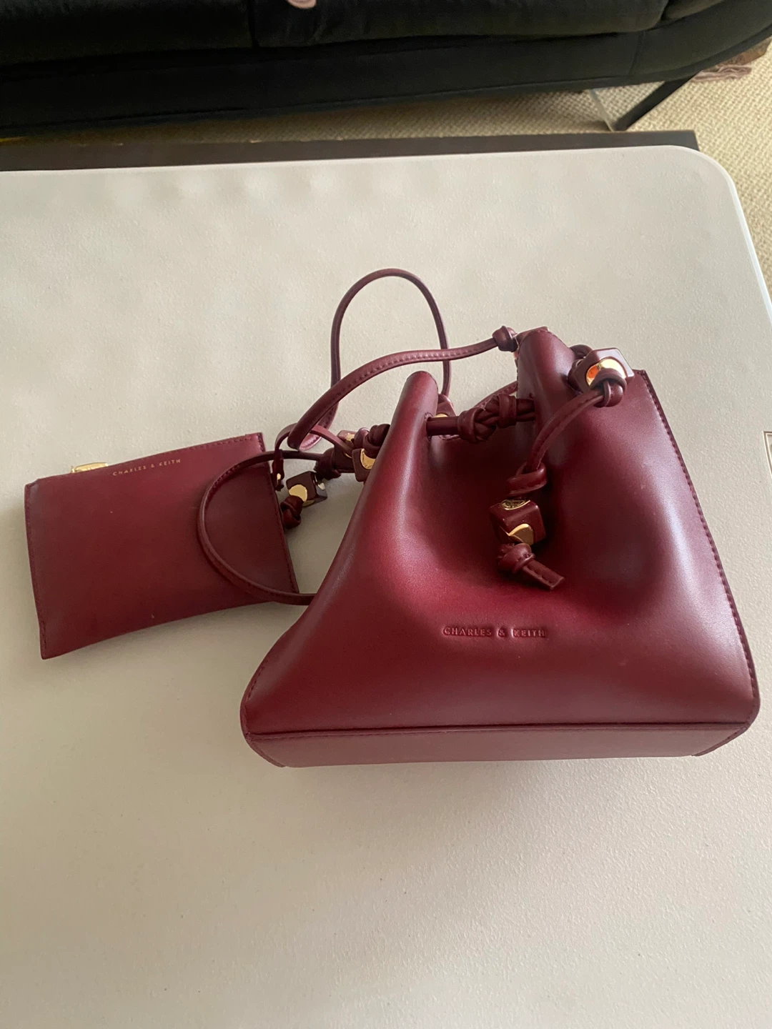 Charles & Keith Burgundy Bucket Bag with Pouch