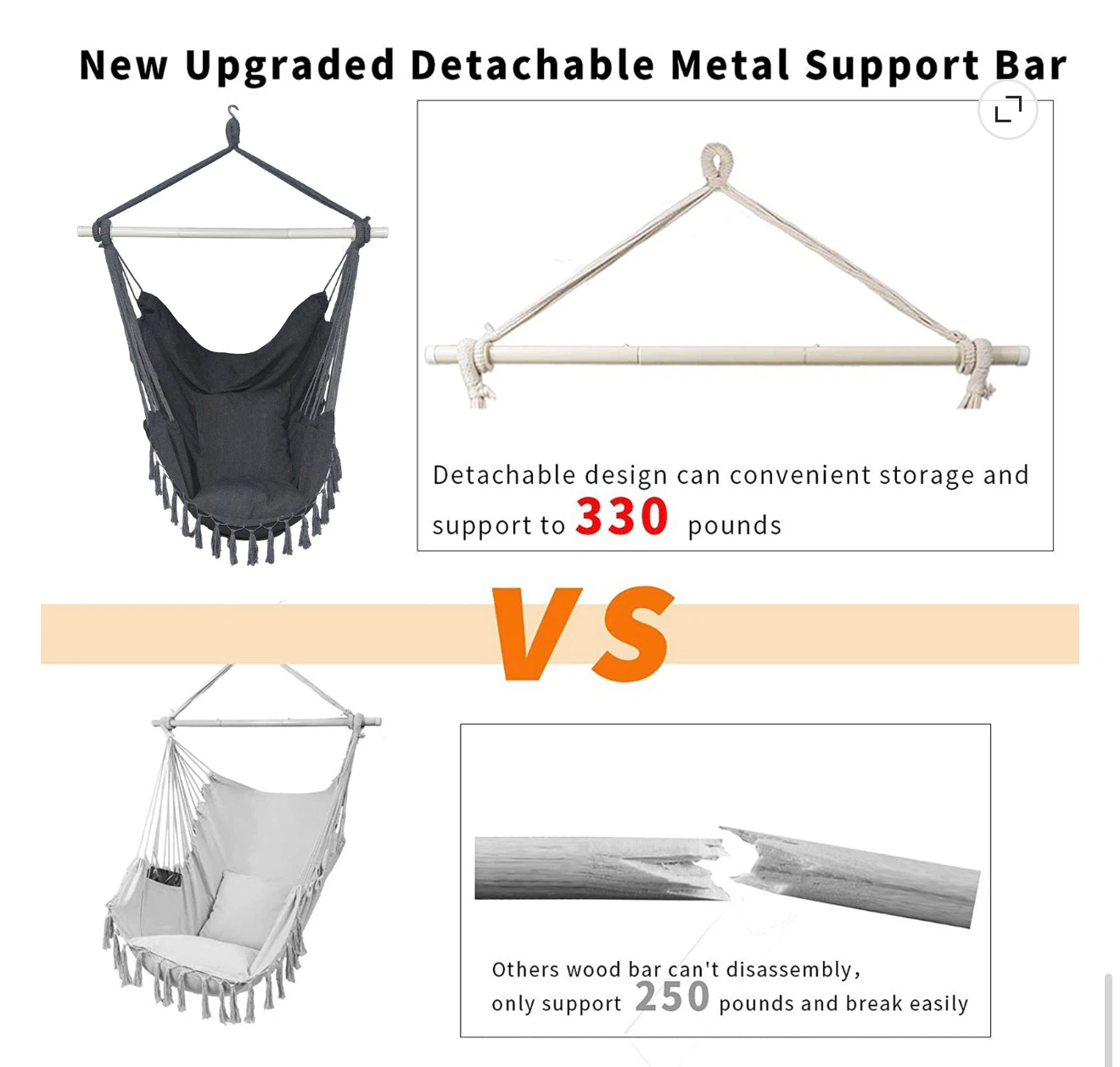 Segmart Hammock Chair with Detachable Metal Support Bar, Gray - photo 4