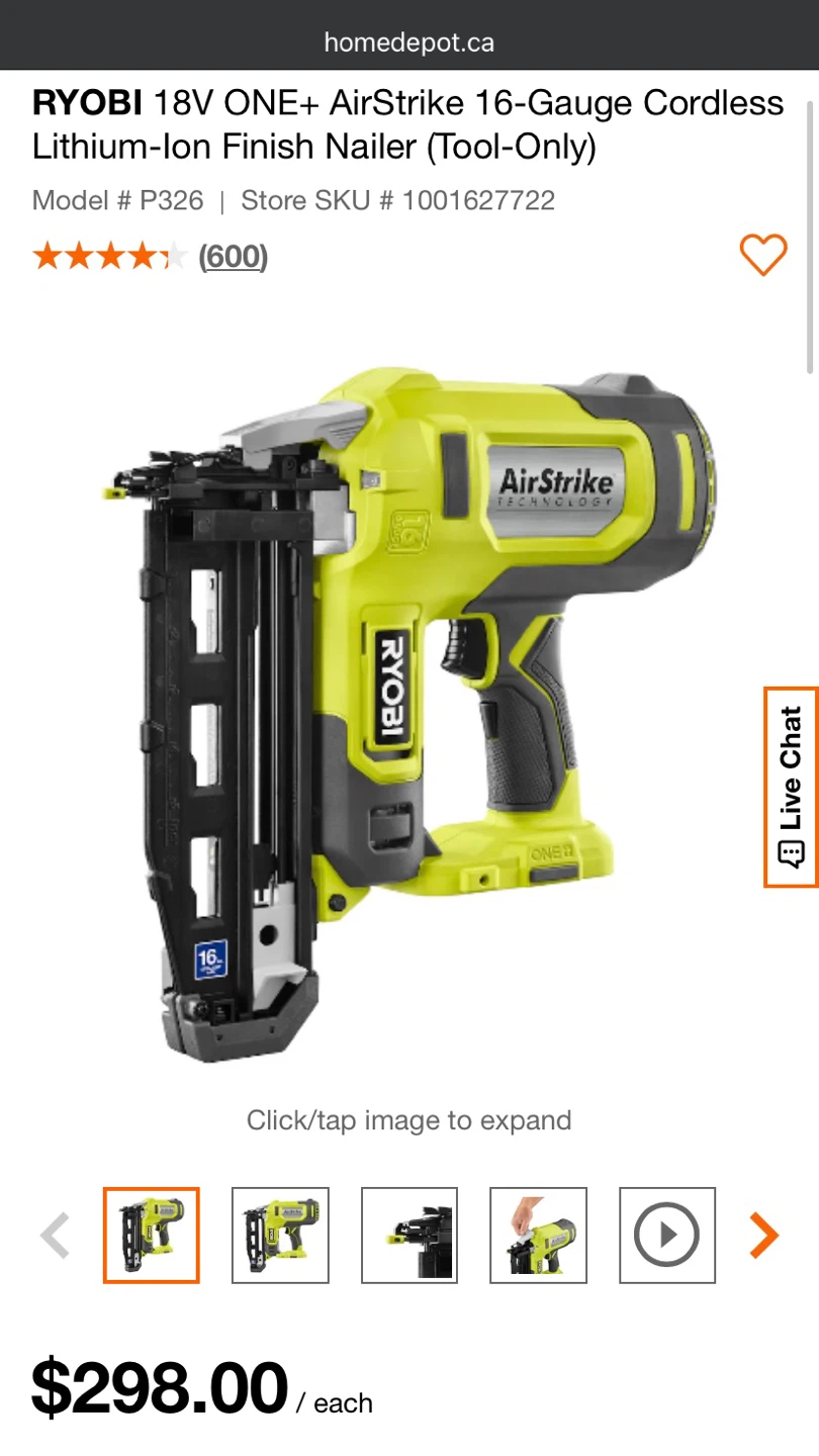 Ryobi 18V ONE+ AirStrike 16-Gauge Finish Nailer (Tool-Only)