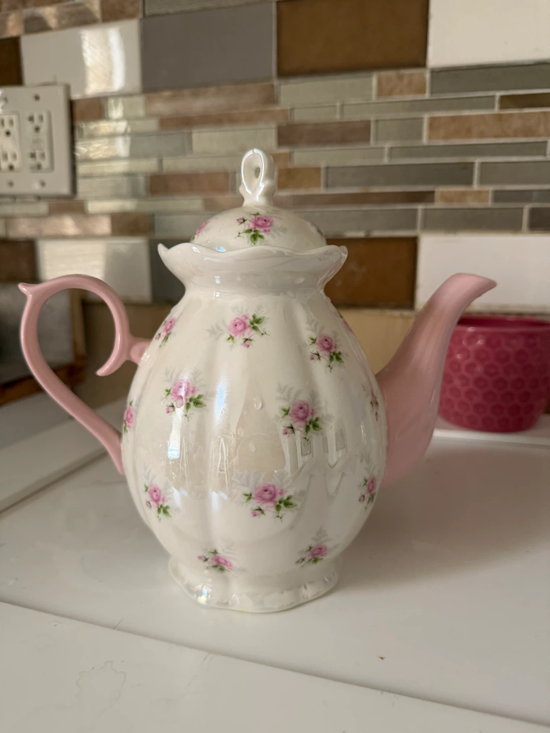 Floral Teapot with Pink Handle and Spout