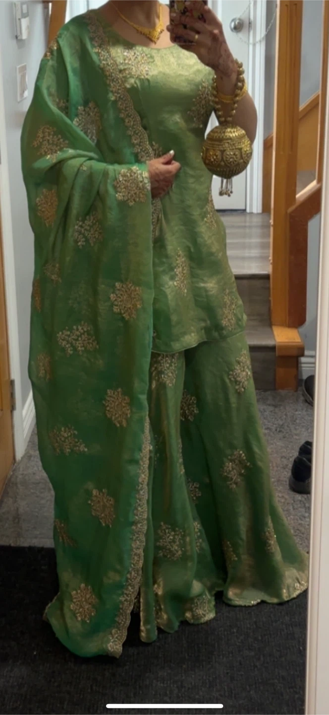 Green embroidered kurta with matching dupatta and palazzo pants