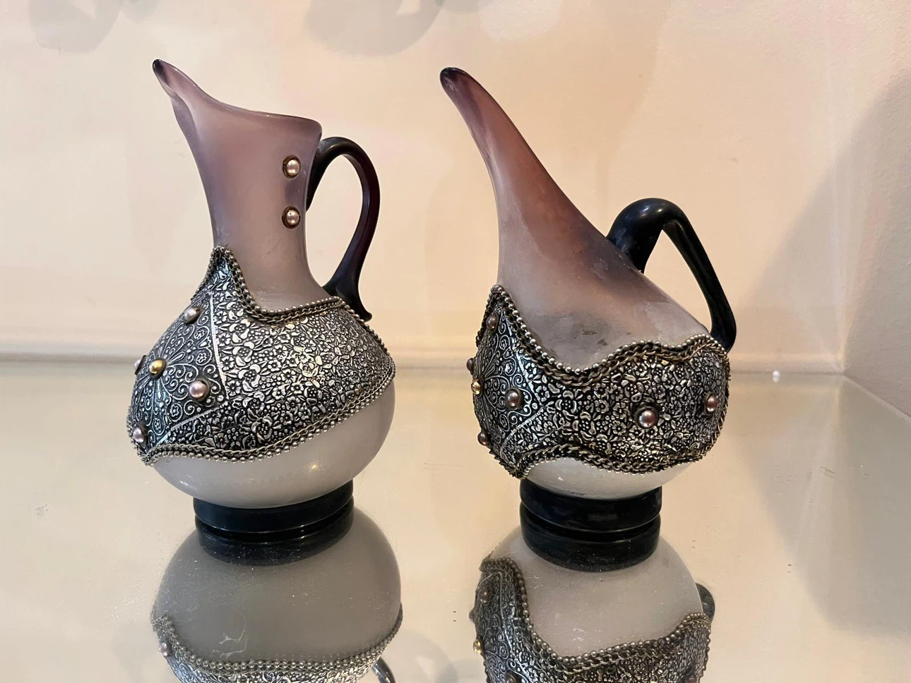 MCM Vintage Frosted Purple Glass Pitchers with Silver Filigree