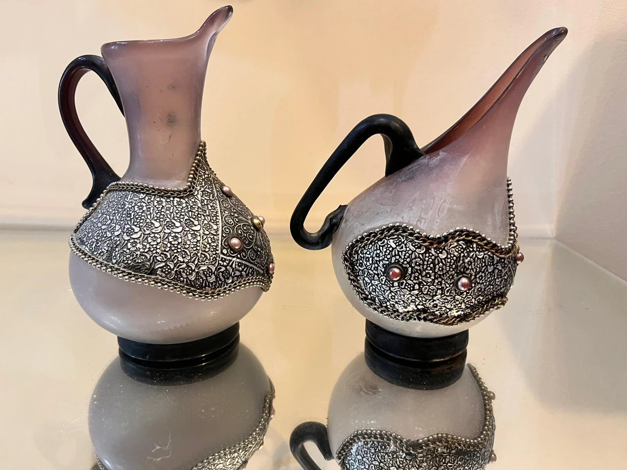 MCM Vintage Frosted Purple Glass Pitchers with Silver Filigree - photo 2