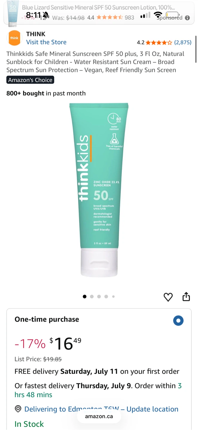 Thinkkids Safe Mineral Sunscreen SPF 50, 3 Fl Oz
