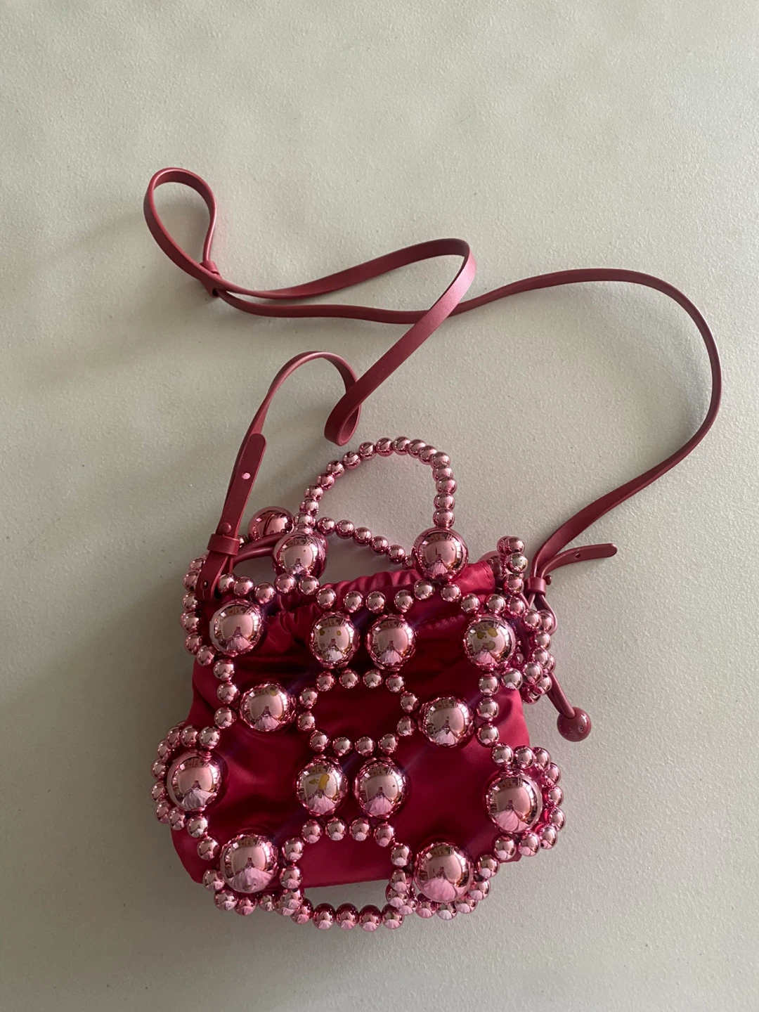 Pink Beaded Drawstring Pouch Bag