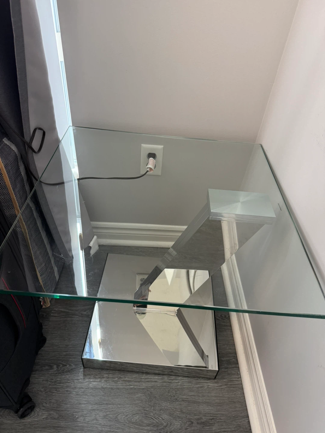 Glass-Top Side Table with Mirrored Chrome Base — Moving Sale