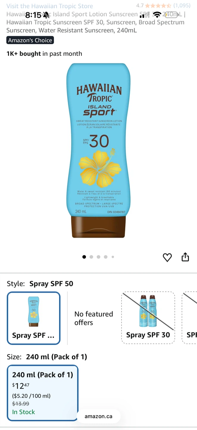 Hawaiian Tropic Island Sport SPF 30 Sunscreen Lotion 240 mL