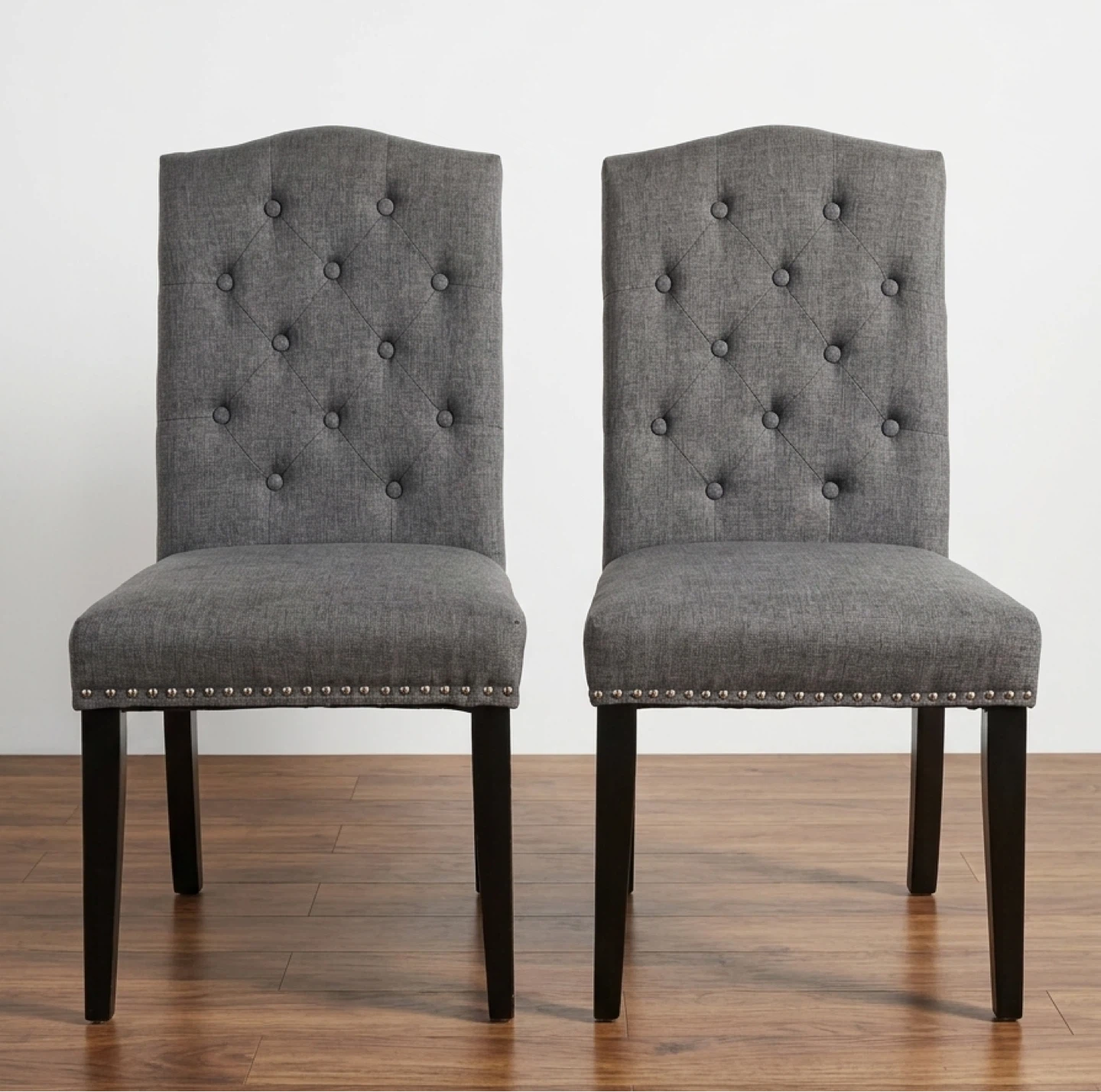Set of 2 Grey Upholstered Dining Chairs with Nailhead Trim