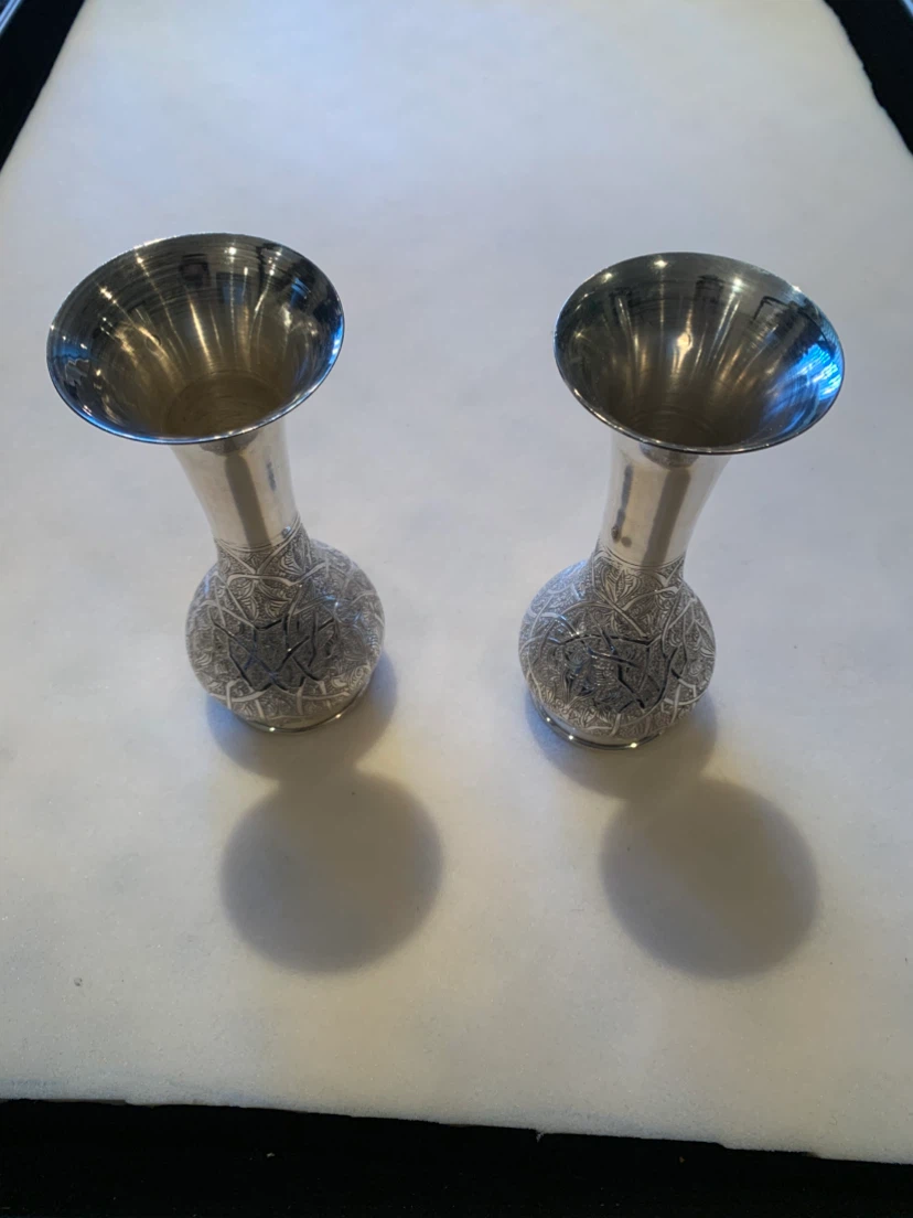 Set of 2 small decorative silver vases