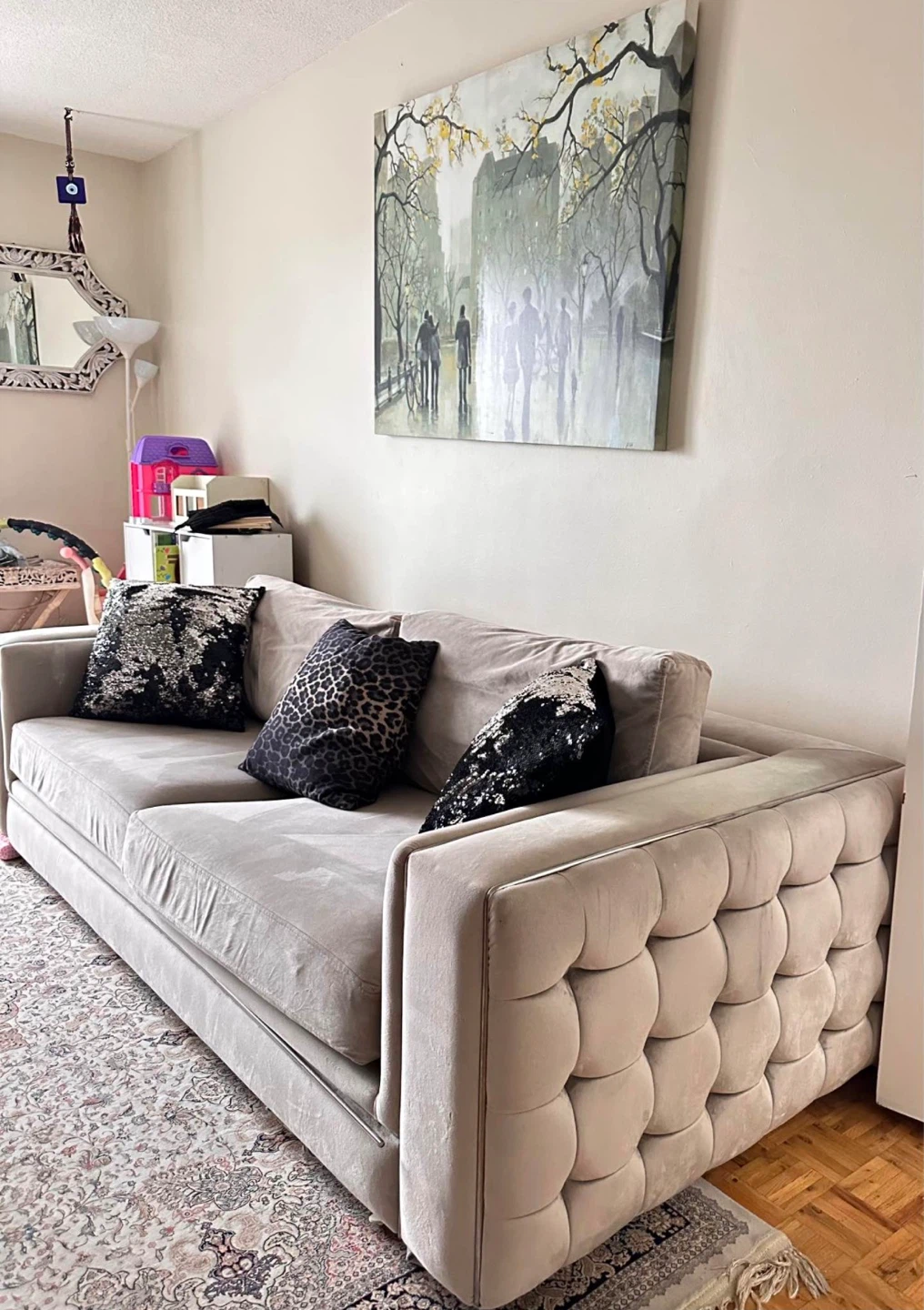 Neutral Beige Sofa with Tufted Sides