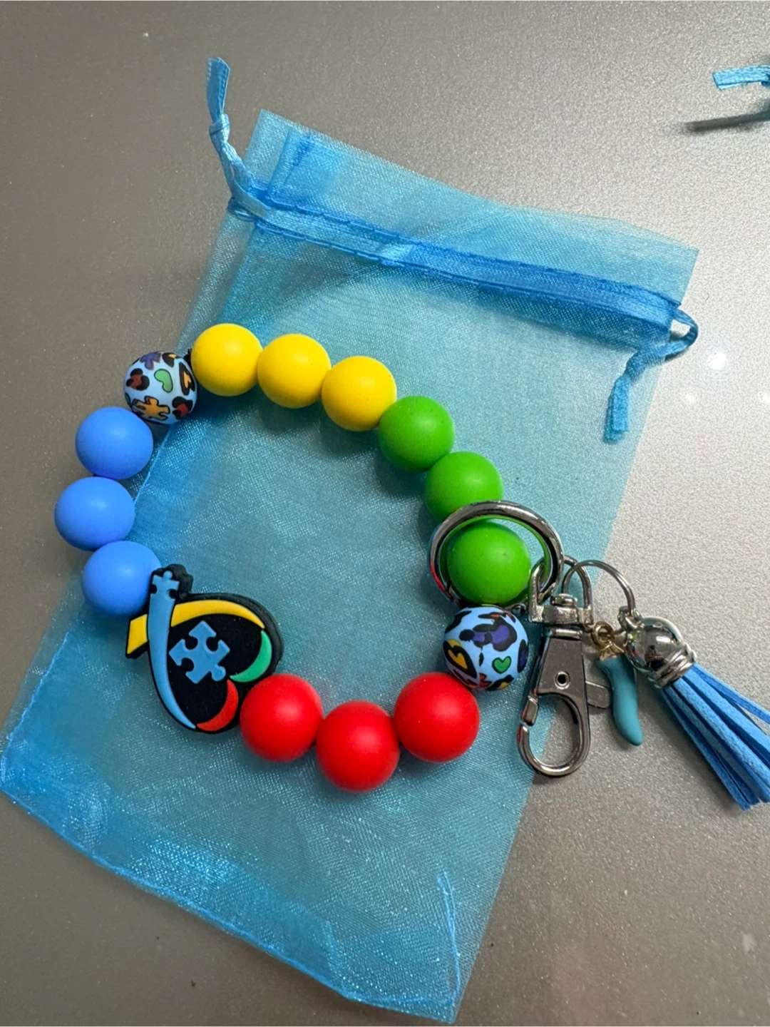 Autism awareness Beaded Keychain Wristlet with Tassel and Charm