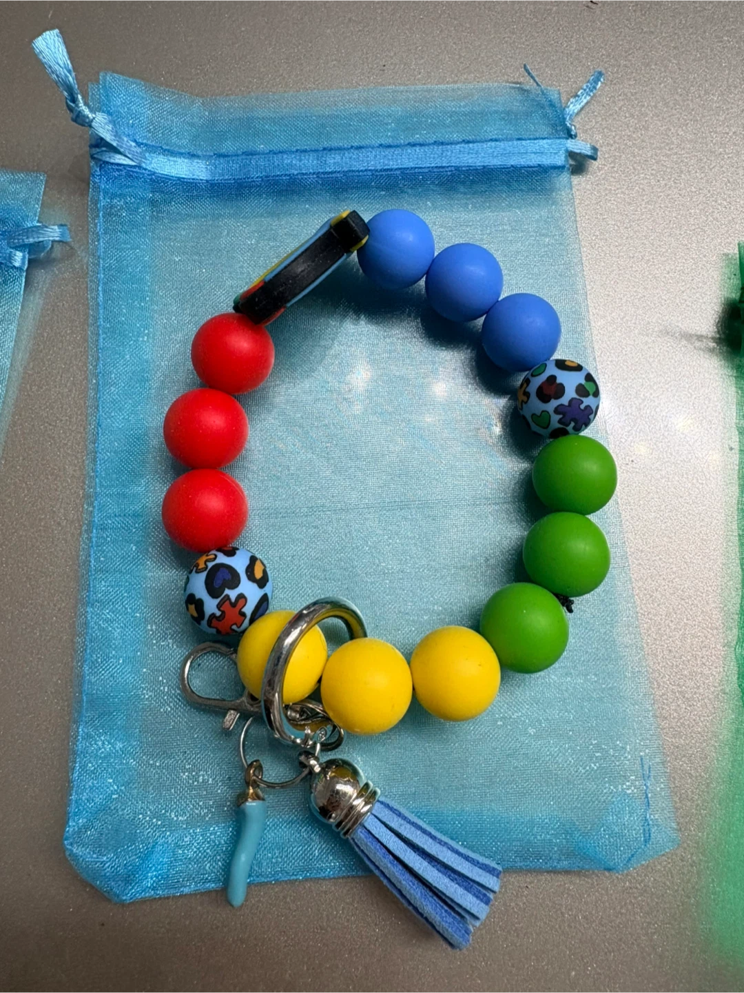 Autism awareness Beaded Keychain Wristlet with Tassel and Charm - photo 2