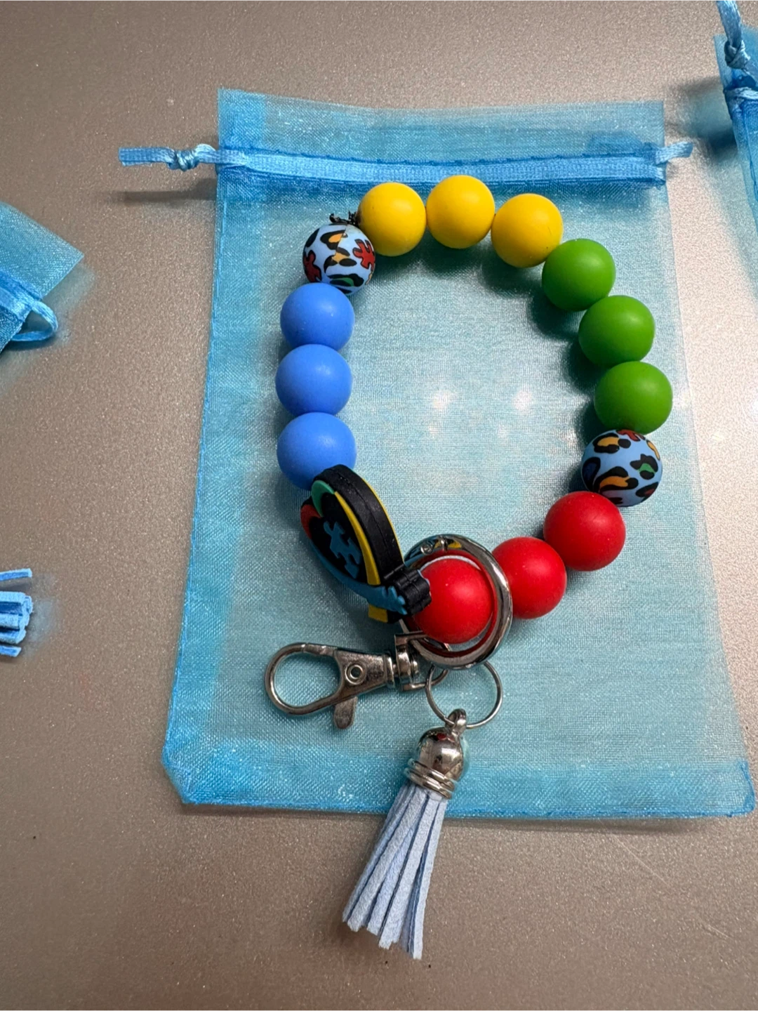 Autism awareness Beaded Keychain Wristlet with Tassel and Charm - photo 3