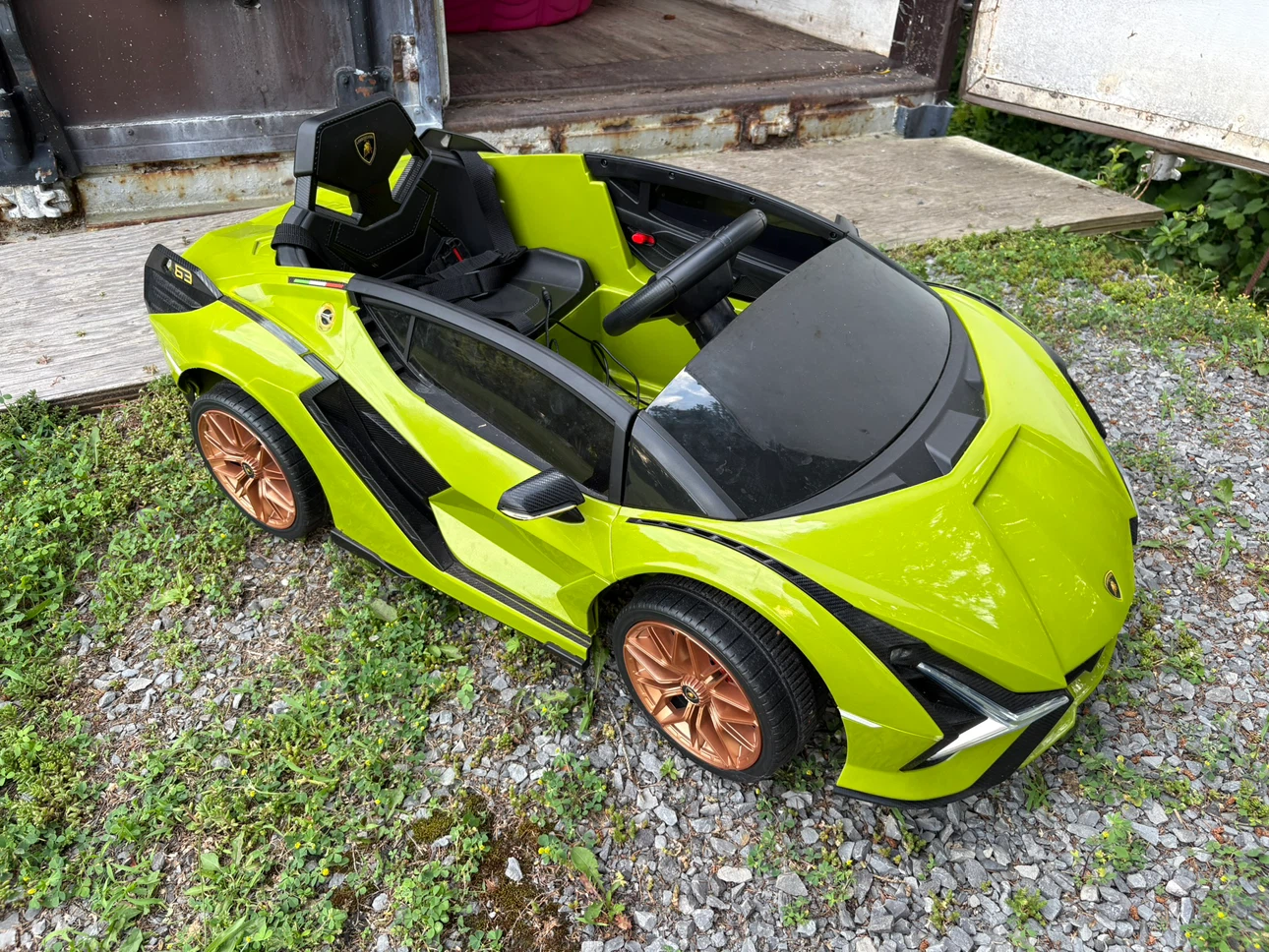 Vibrant lime green Lamborghini ride-on toy car