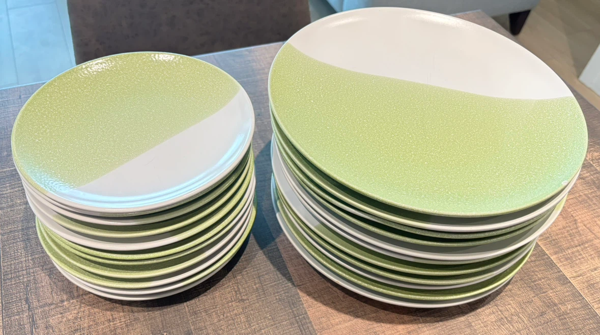 Set of 11 Green and White Plates