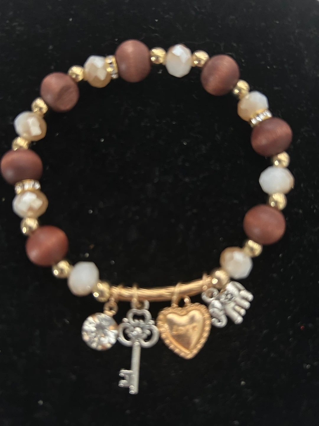 Charm Beaded Stretch Bracelet with Heart, Key, and Elephant