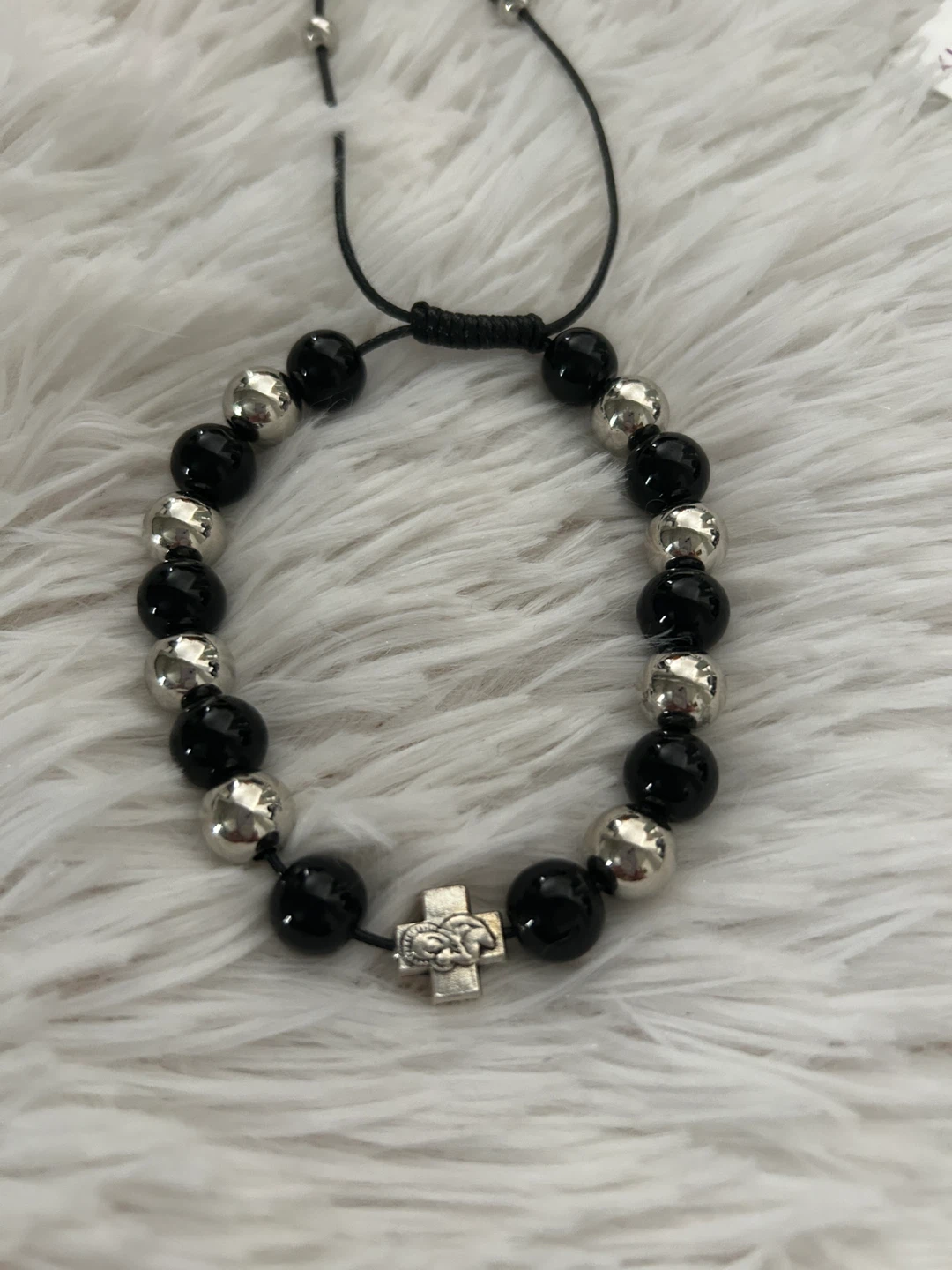 Black and Silver Beaded Bracelet with Cross Charm - photo 3