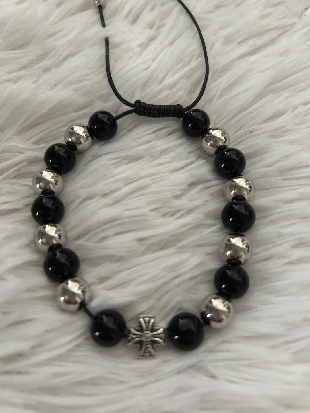 Black and Silver Beaded Bracelet with Cross Charm