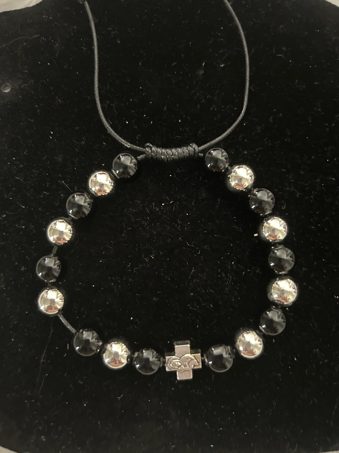 Black and Silver Beaded Bracelet with Cross Charm - photo 2