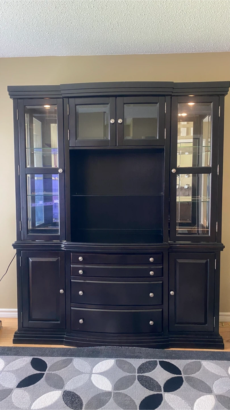 Black China Cabinet with Glass Doors and Drawers