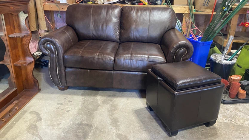 Dark Brown Leather Loveseat with Ottoman