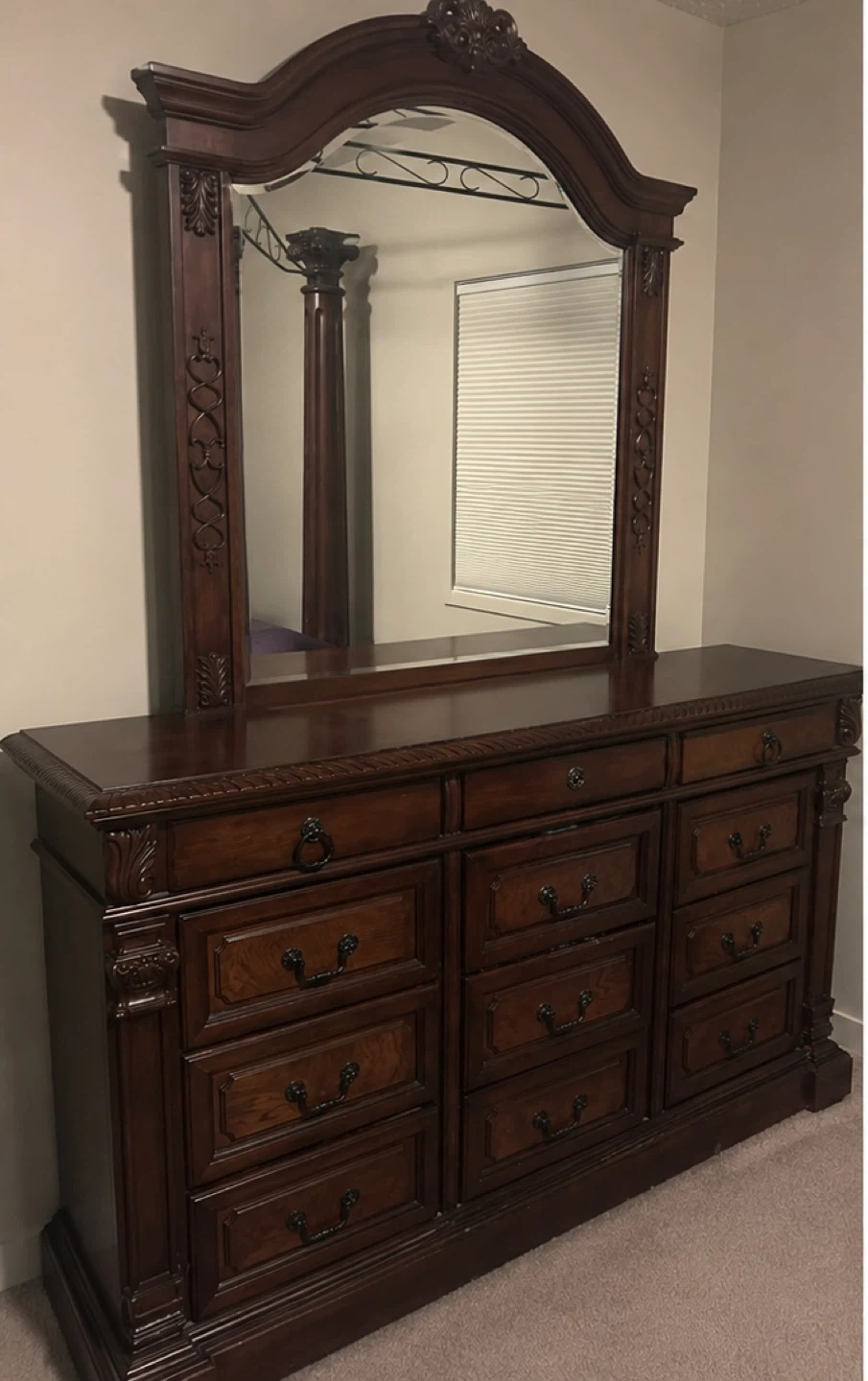 Dark Wood Bedroom Set - Bed Frame, Dresser, Nightstand