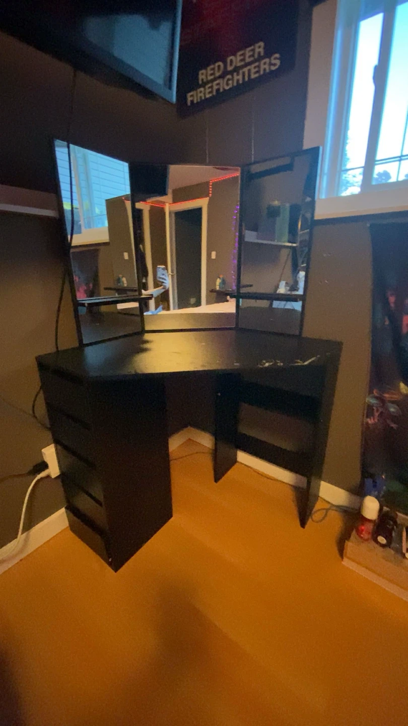 Black Vanity Desk with Tri-fold Mirror