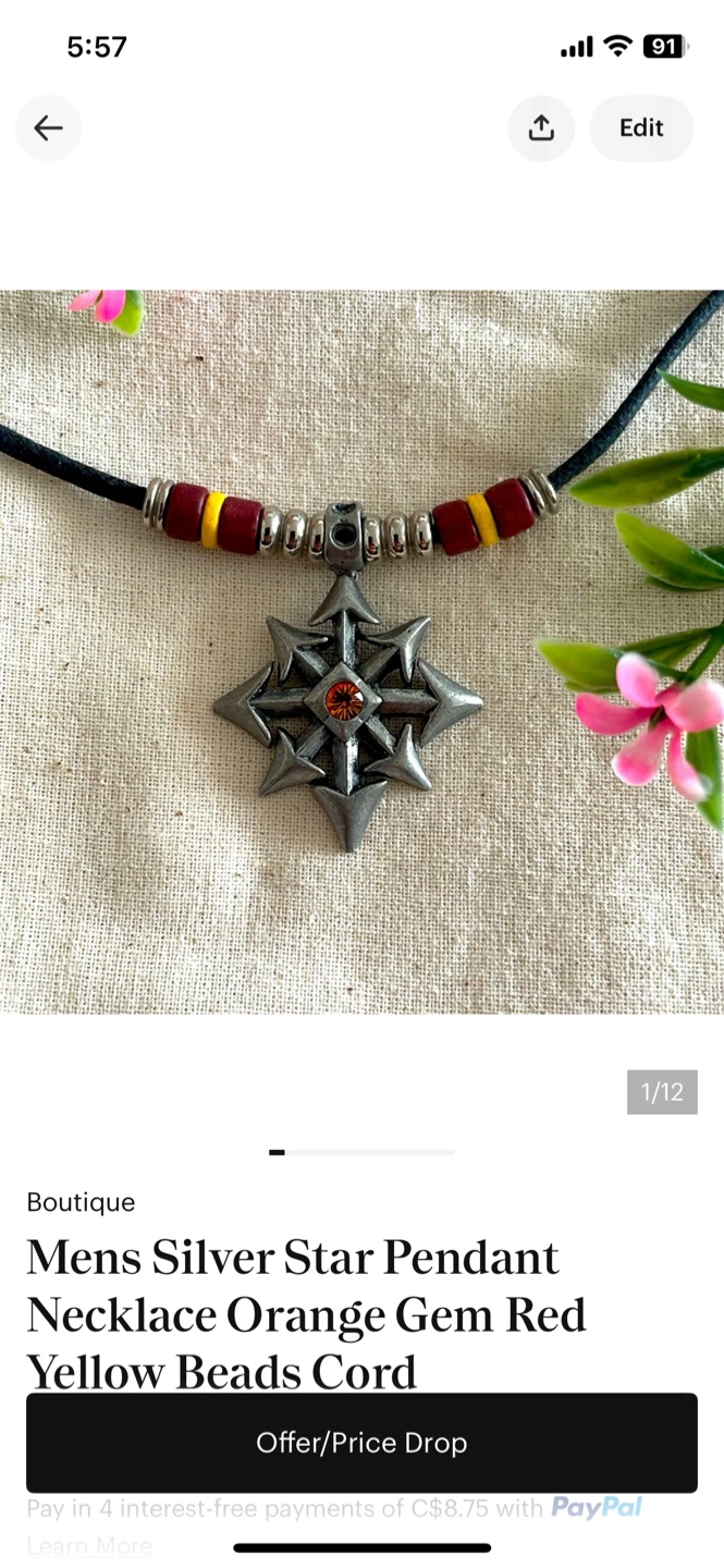 Men's Silver Star Chocker  with Orange Gem and Red Yellow Beads
