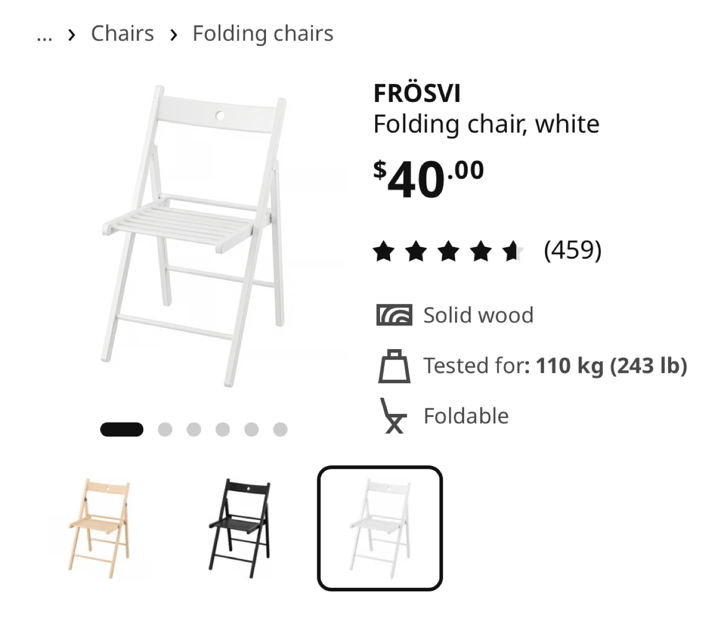 $20 for 2 chairs IKEA FRÖSVI Folding Chair - White