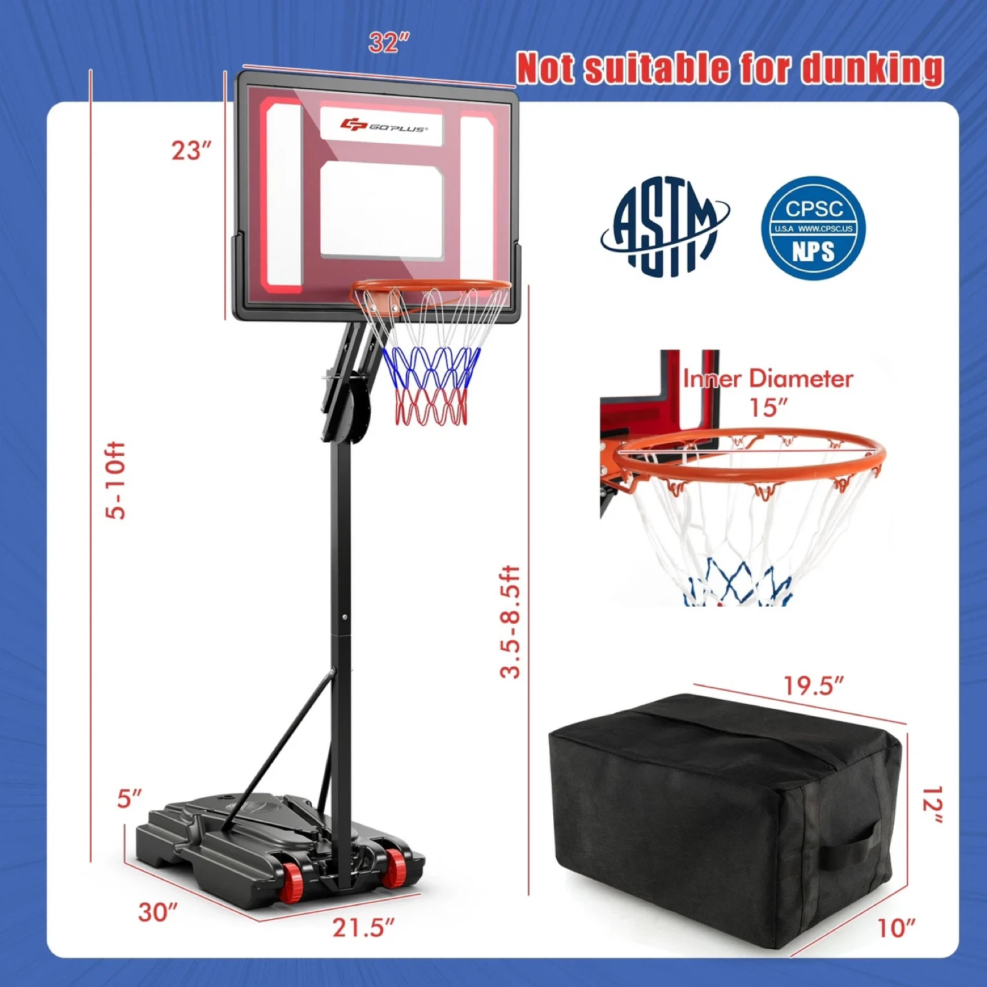 Adjustable Portable Basketball Hoop System 7.4-10 FT - photo 2