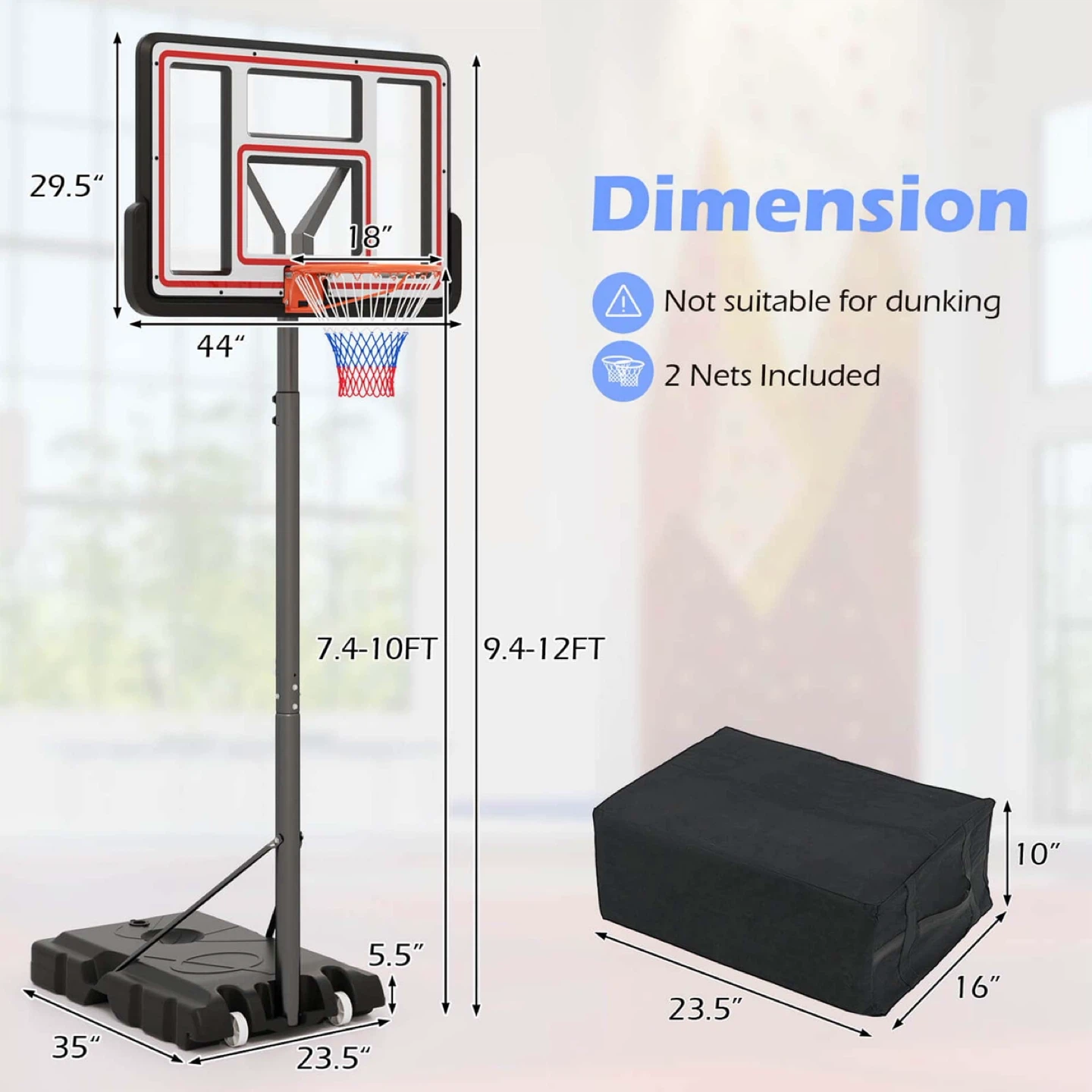 Adjustable Portable Basketball Hoop System 7.4-10 FT - photo 3