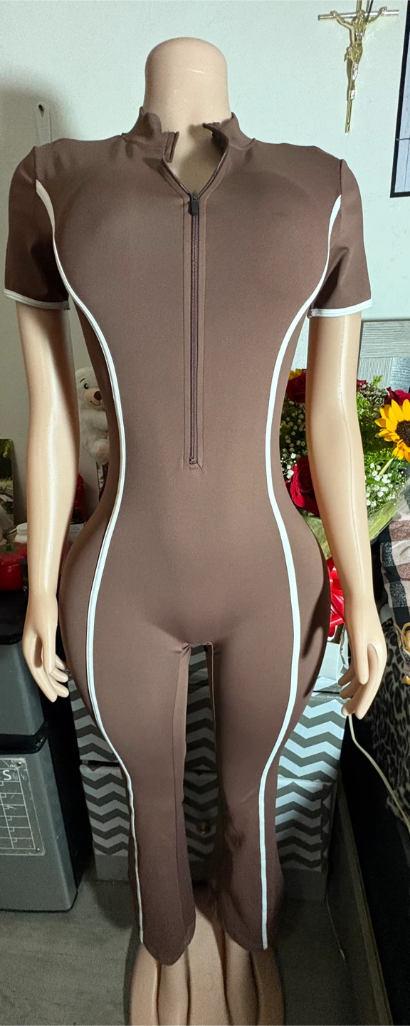Brown Jumpsuit with White Piping