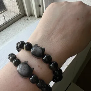 Black Obsidian Beaded Bracelet with Cat Charm