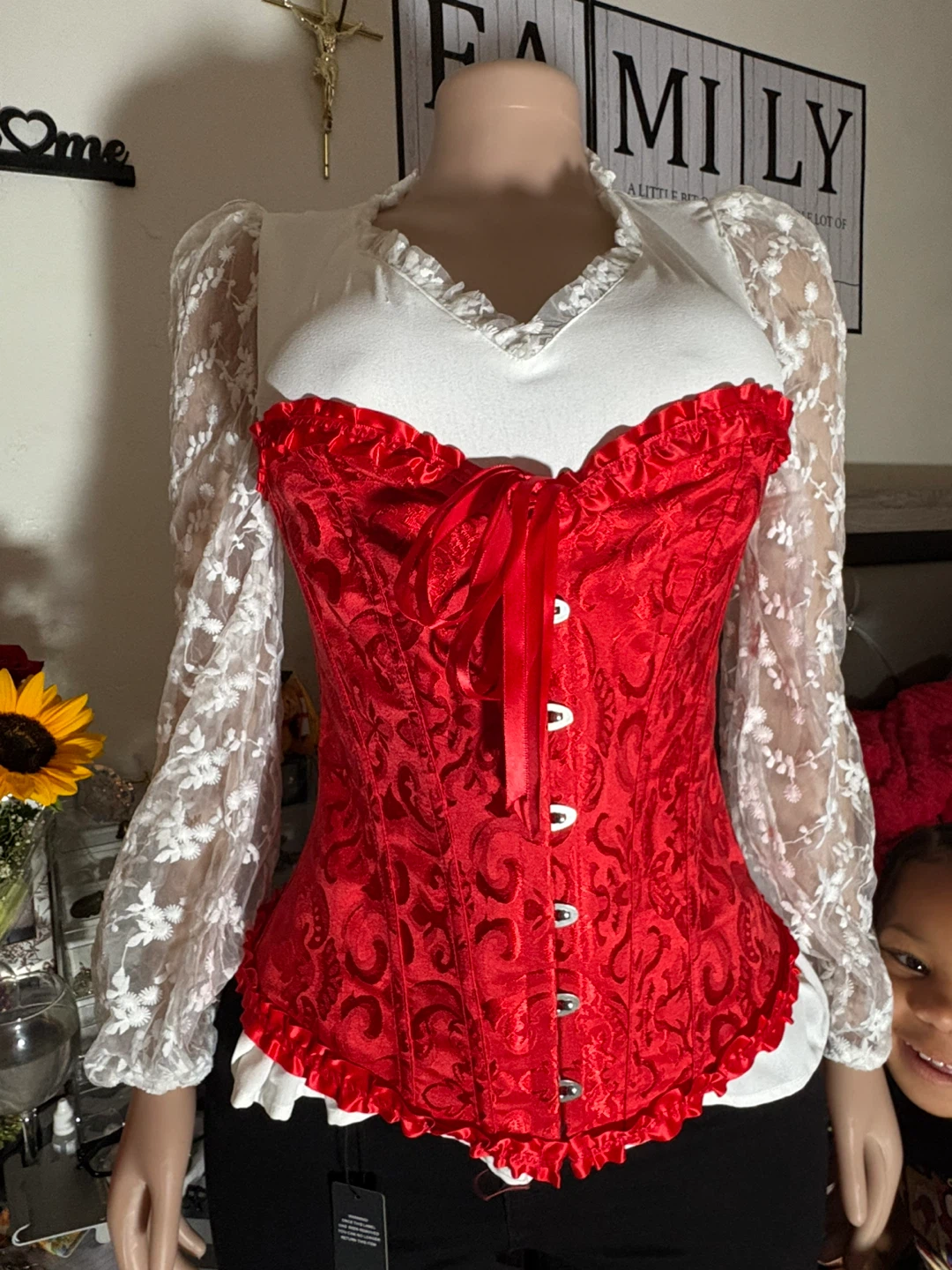 Red Brocade Corset with Lace Sleeves - photo 2