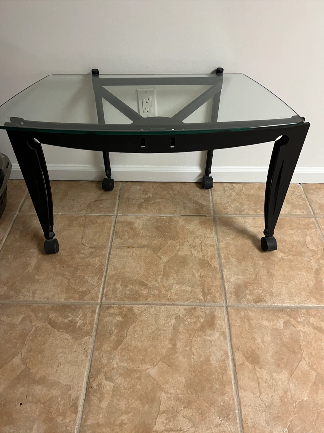 Glass Top Table with Black Metal Frame and Wheels