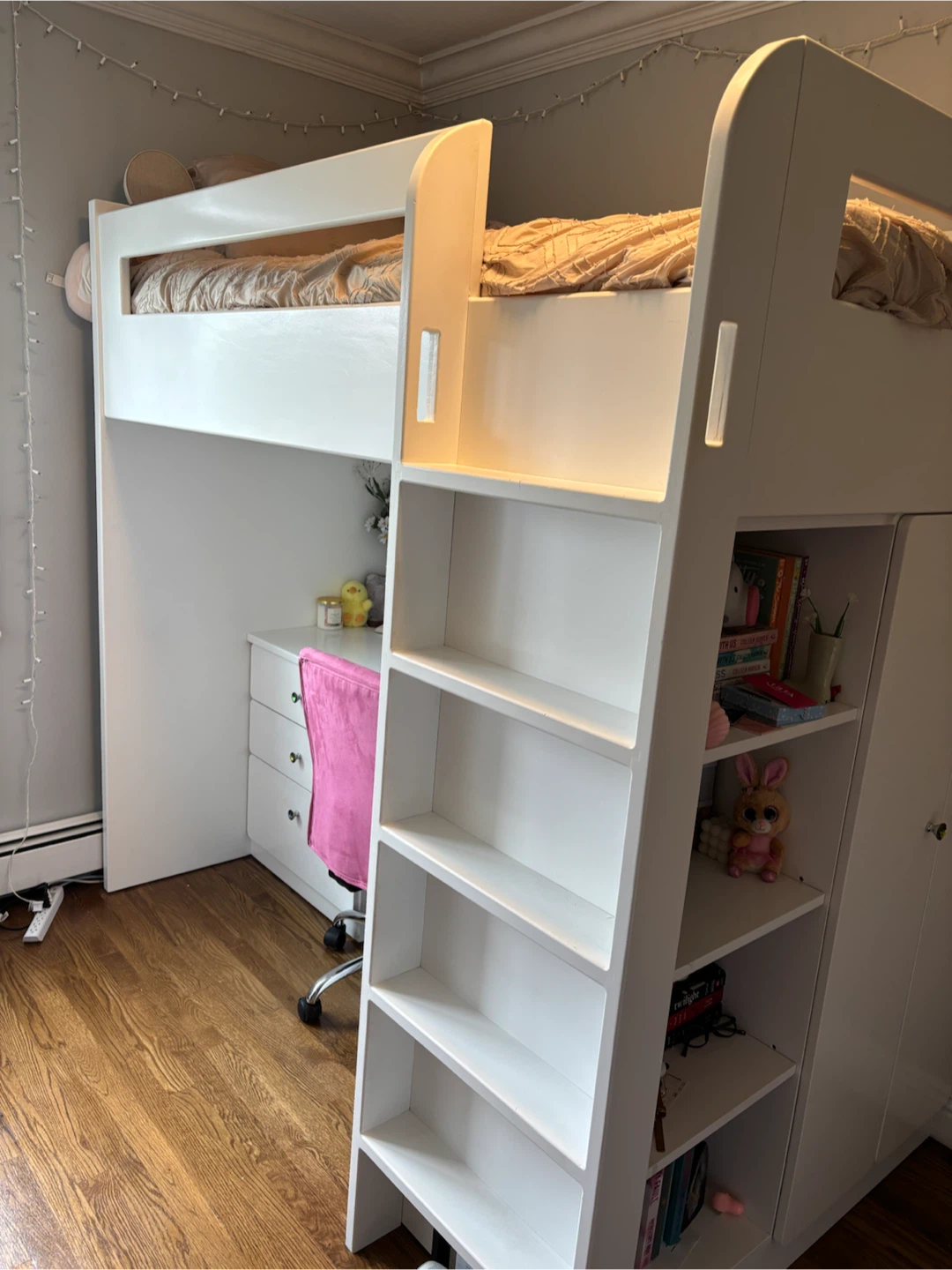 Custom built solid wood loft bed with storage