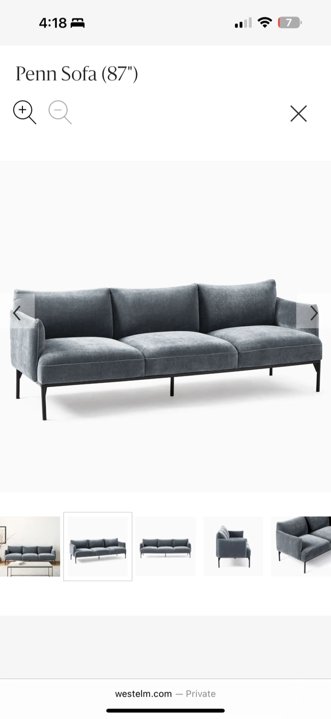 West Elm Penn Sofa - 87 inches Excellent Condition